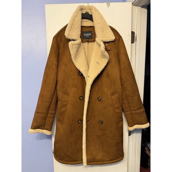 GUESS Mens Double Breasted Faux Shearling Overcoat Brown Medium - Picture 2 of 11